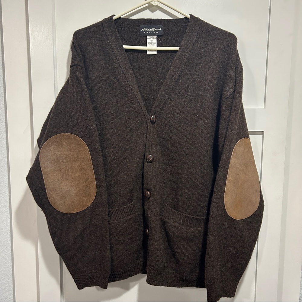 Vintage Eddie Bauer Cardigan Wool/Elbow Patches Mens Brown Medium Preppy